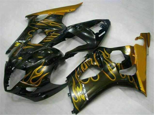 2003-2004 Glossy Black Gold Flame Suzuki GSXR 1000 Motorcycle Fairings