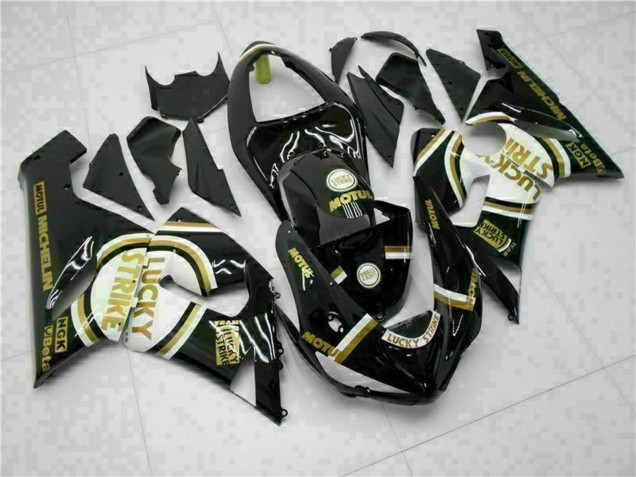 2005-2006 Glossy Black White Gold Lucky Strike Kawasaki ZX6R Motorcycle Fairings