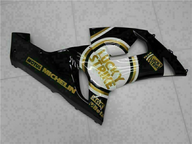 2005-2006 Glossy Black White Gold Lucky Strike Kawasaki ZX6R Motorcycle Fairings