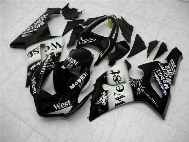 2005-2006 Glossy Black White West Kawasaki ZX6R Motorcycle Fairings