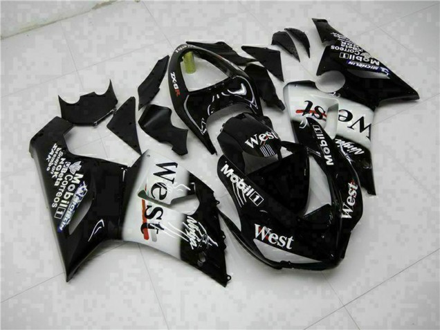 2005-2006 Glossy Black White West Kawasaki ZX6R Motorcycle Fairings