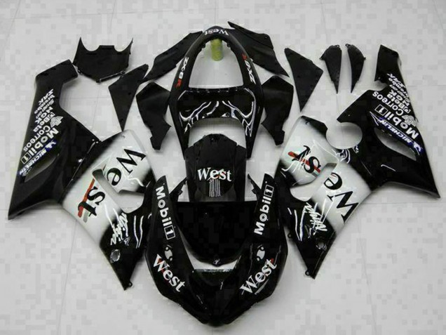 2005-2006 Glossy Black White West Kawasaki ZX6R Motorcycle Fairings