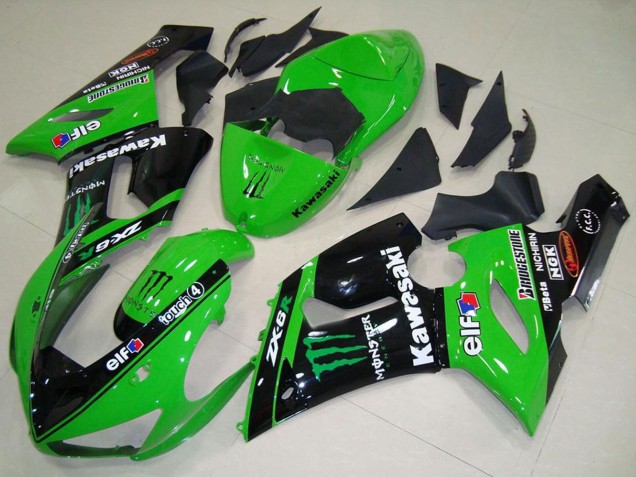 2005-2006 Green Glossy Black Elf Monster Kawasaki ZX6R Motorcycle Fairings