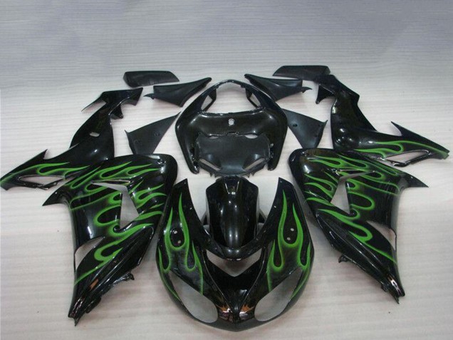 2006-2007 Glossy Black Green Flame Kawasaki ZX10R Motorcycle Fairings