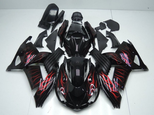 2006-2011 Glossy Black Red Flame Kawasaki ZX14R ZZR1400 Motorcycle Fairings