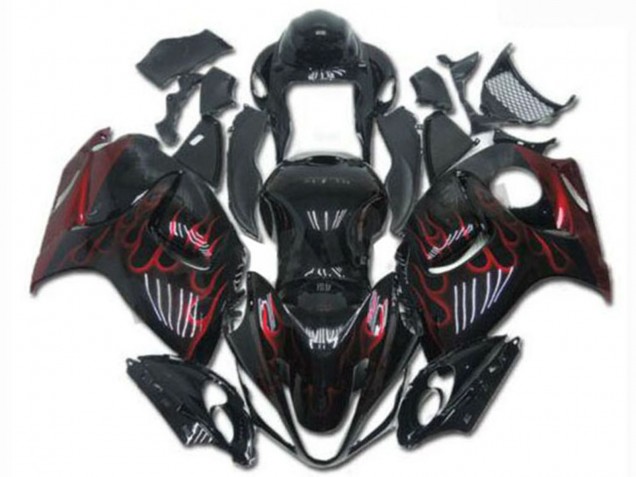 2008-2020 Glossy Black Red Flame Suzuki GSXR 1300 Hayabusa Motorcycle Fairings