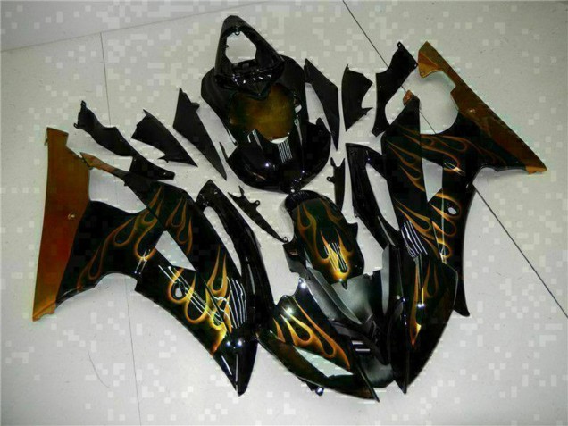 2008-2016 Glossy Black Gold Flame Yamaha YZF R6 Motorcycle Fairings