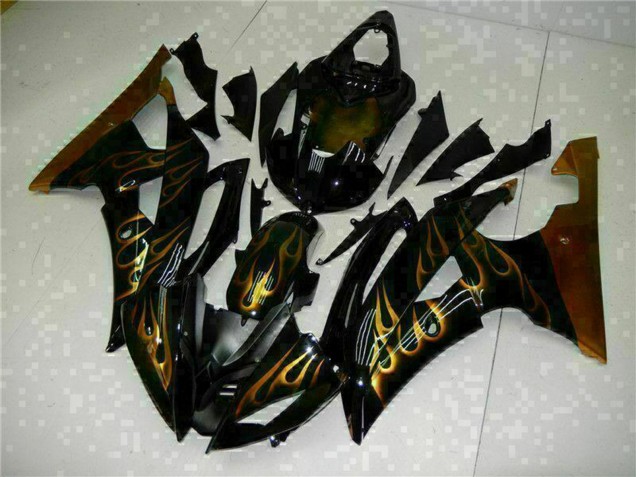 2008-2016 Glossy Black Gold Flame Yamaha YZF R6 Motorcycle Fairings