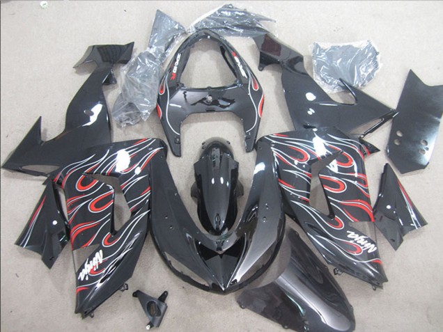 2006-2007 Glossy Black Red White Flame Kawasaki ZX10R Motorcycle Fairings