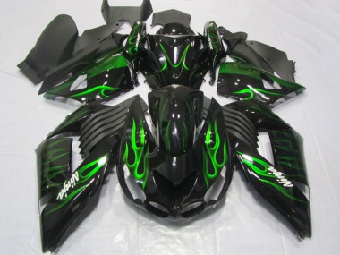 2006-2011 Glossy Black Green Flame Kawasaki ZX14R ZZR1400 Motorcycle Fairings