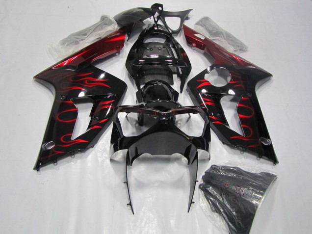2003-2004 Glossy Black Red Flame Kawasaki ZX6R Motorcycle Fairing