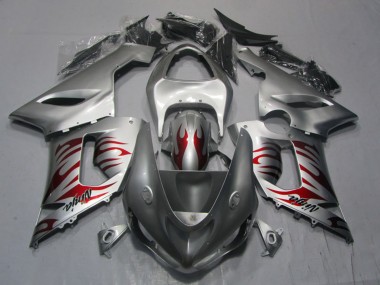 2005-2006 Silver Red Flame Ninja Kawasaki ZX6R Motorcycle Fairings