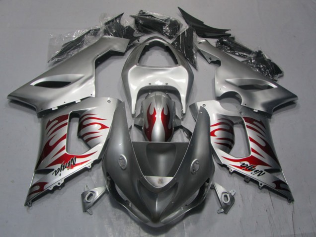 2005-2006 Silver Red Flame Ninja Kawasaki ZX6R Motorcycle Fairings