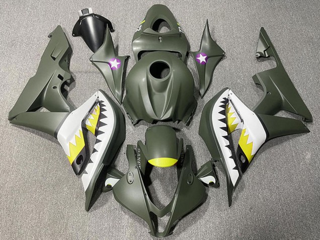 2007-2008 Army Green White Yellow Shark Honda CBR600RR Motorcycle Fairings