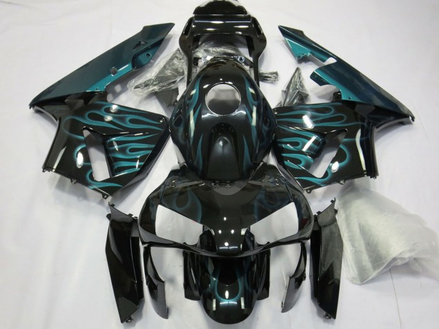 2003-2004 Glossy Black Green Flame Honda CBR600RR Motorcycle Fairings