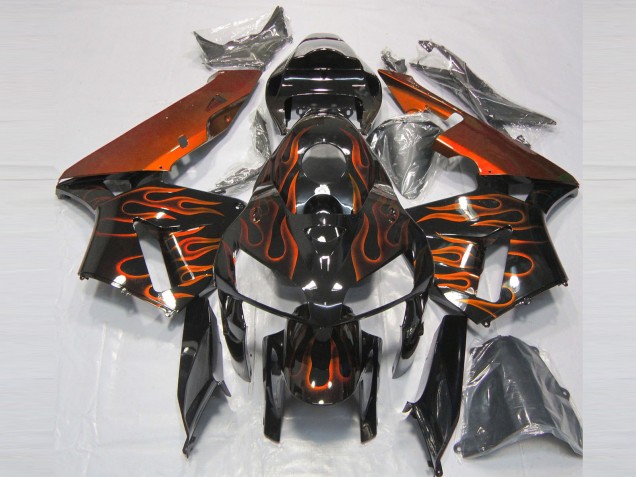 2005-2006 Glossy Black Orange Flame Honda CBR600RR Motorcycle Fairings