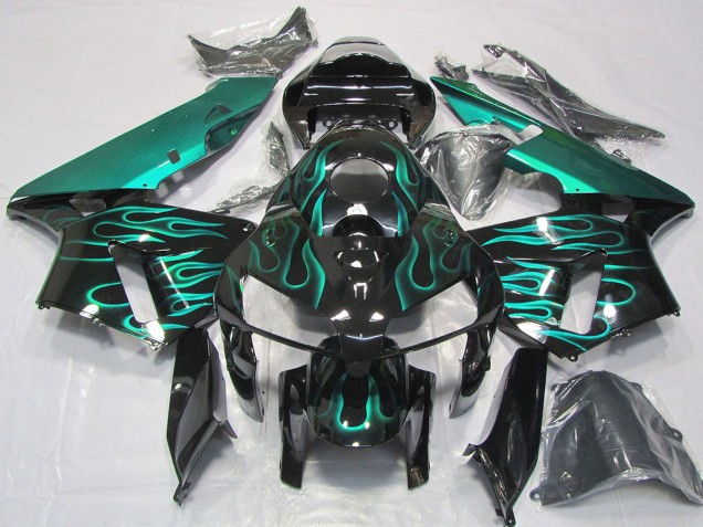 2005-2006 Glossy Black Teal Flame Honda CBR600RR Motorcycle Fairings