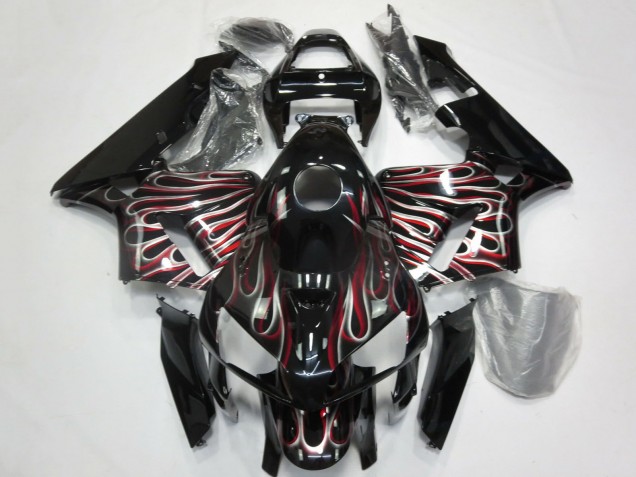 2005-2006 Glossy Black Silver Red Flame Honda CBR600RR Motorcycle Fairings