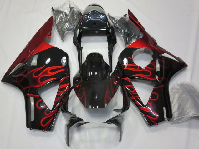 2002-2003 Glossy Black Red Flame Honda CBR954RR Motorcycle Fairings
