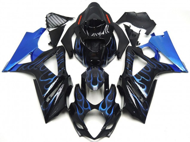 2007-2008 Glossy Black Blue Flame Suzuki GSXR 1000 Motorcycle Fairings