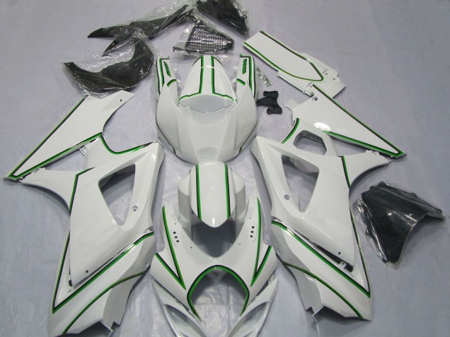 2007-2008 Glossy White Green Pin Stripe Suzuki GSXR 1000 Motorcycle Fairings