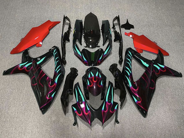 2008-2010 Glossy Black Red Cyan Flame Suzuki GSXR 600 / GSXR 750 Motorcycle Fairings