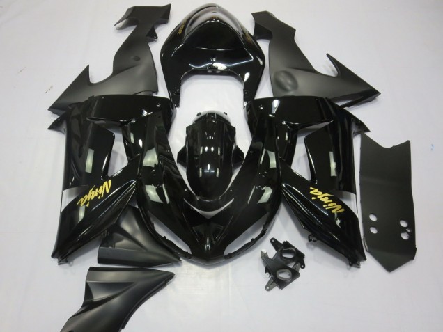 2006-2007 Glossy Black Matte Black and Gold Kawasaki ZX10R Motorcycle Fairings