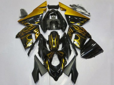 2004-2005 Glossy Black Gold Flame Kawasaki ZX10R Motorcycle Fairings