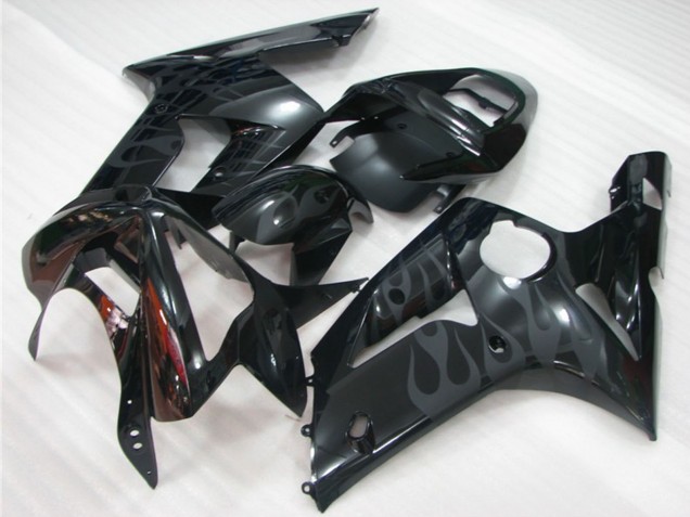2003-2004 Glossy Black Grey Flame Kawasaki ZX6R Motorcycle Fairings