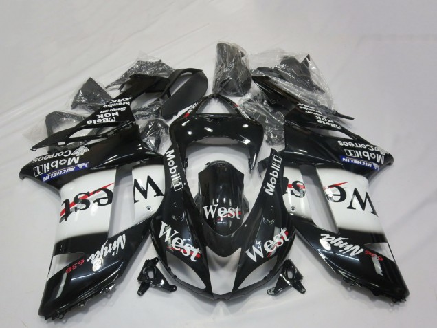 2007-2008 Glossy Black White West Kawasaki ZX6R Motorcycle Fairings