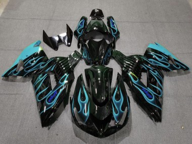 2006-2011 Glossy Black Light Blue Flame Kawasaki ZX14R Motorcycle Fairings