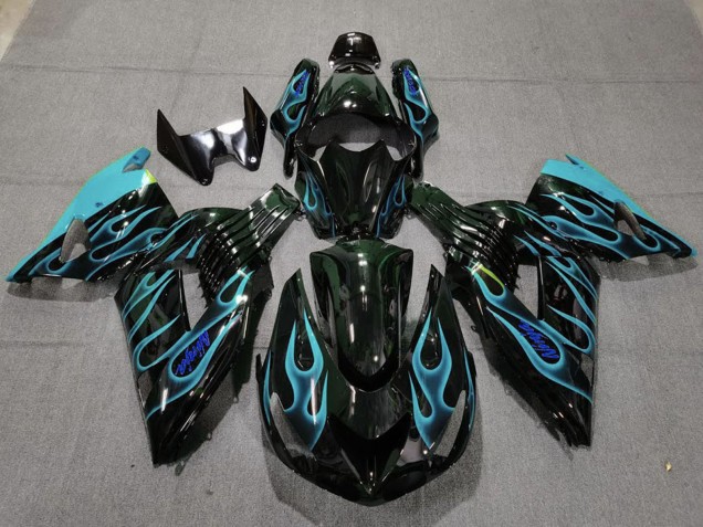 2006-2011 Glossy Black Light Blue Flame Kawasaki ZX14R Motorcycle Fairings