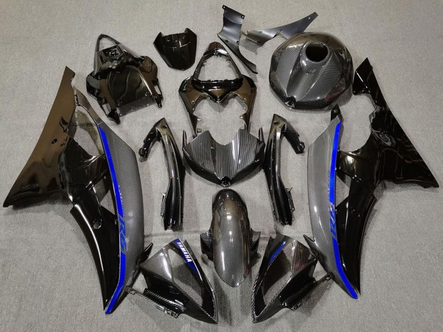 2008-2016 Glossy Black Carbon Fiber Style Blue Yamaha R6 Motorcycle Fairings