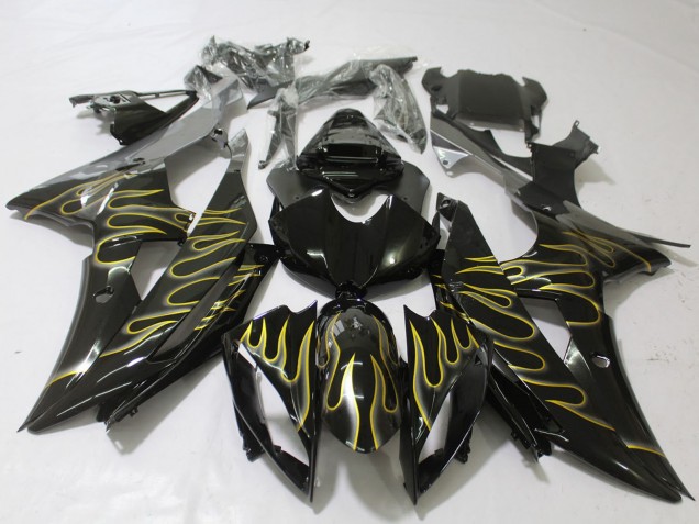 2008-2016 Glossy Black Gold Flame Yamaha R6 Motorcycle Fairings