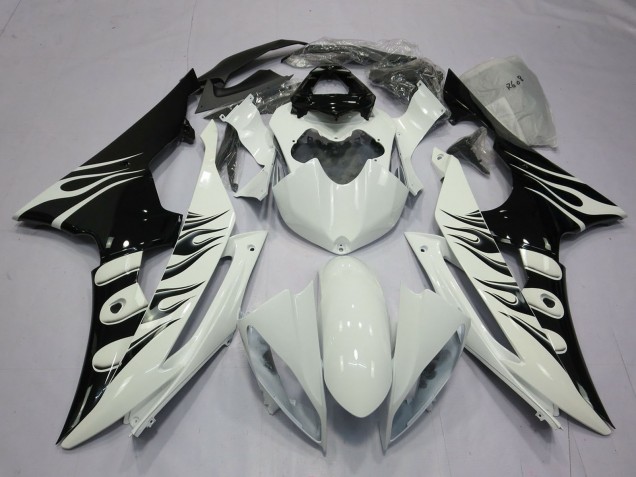 2008-2016 White Glossy Black Flame Yamaha R6 Motorcycle Fairings