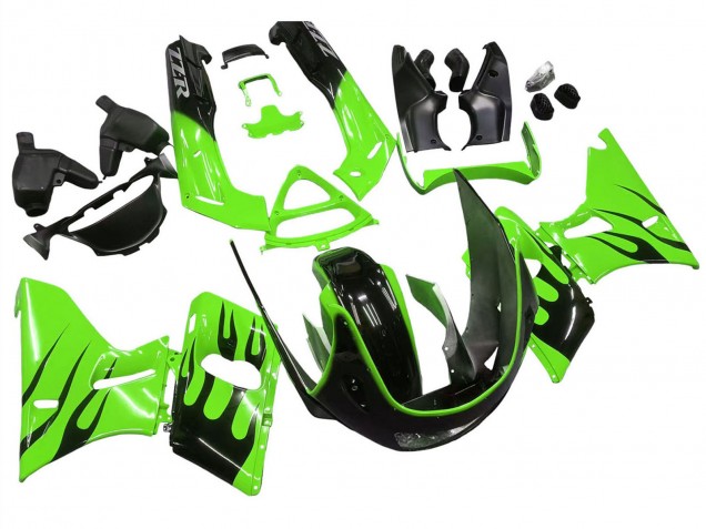 1993-2007 Green Glossy Black Flame Kawasaki ZZR400 Motorcycle Fairings
