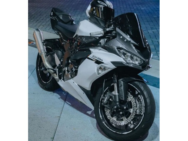 2019-2022 White Black Carbon Fiber Kawasaki ZX6R Motorcycle Fairings