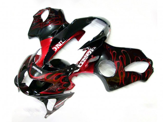 1999-2000 Glossy Black Red Flame Honda CBR600 F4 Motorcycle Fairings