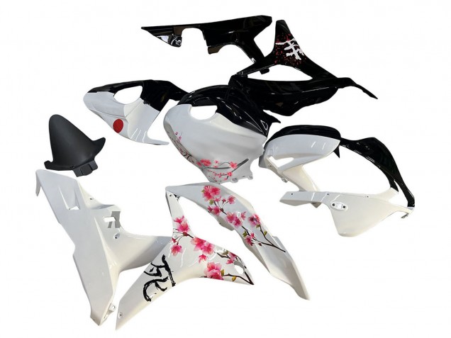 2007-2008 White Cherry Blossom Glossy Black Split Honda CBR600RR Motorcycle Fairings