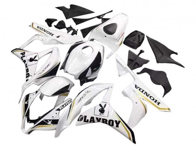 2007-2008 White Gold Glossy Black Playboy Honda CBR600RR Motorcycle Fairing