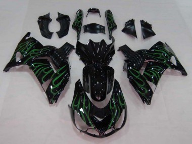 2006-2011 Glossy Black Green Flame Kawasaki ZX14R ZZR1400 Motorcycle Fairing