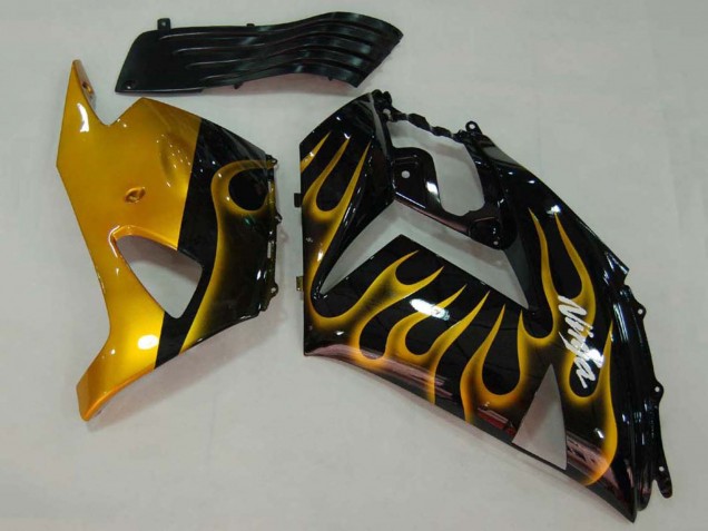 2006-2011 Glossy Black Gold Flame Kawasaki ZX14R ZZR1400 Motorcycle Fairings