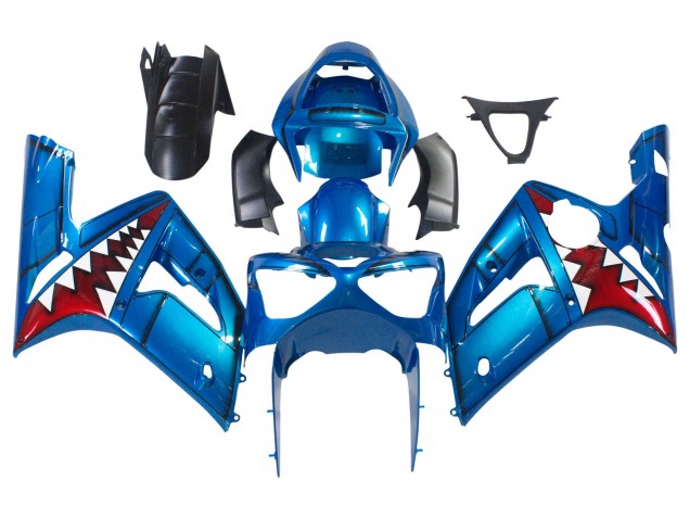 2003-2004 Blue White Red Shark Kawasaki ZX6R Motorcycle Fairings