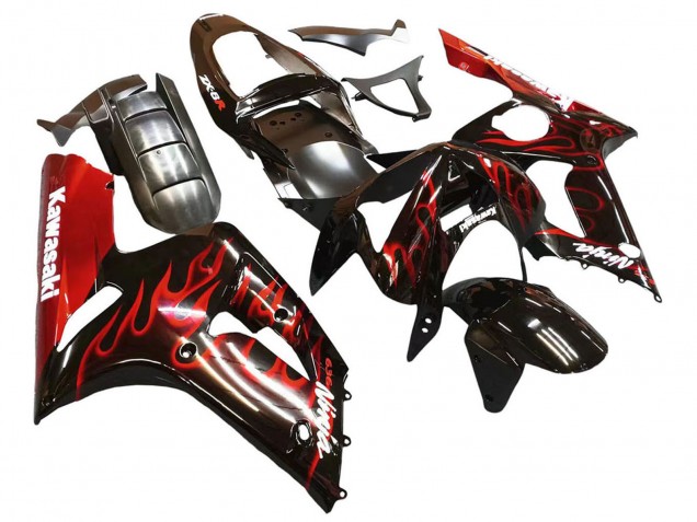 2003-2004 Glossy Black Red Flame Kawasaki ZX6R Motorcycle Fairings