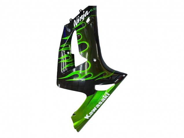 2003-2004 Glossy Black Green Flame Kawasaki ZX6R Motorcycle Fairings