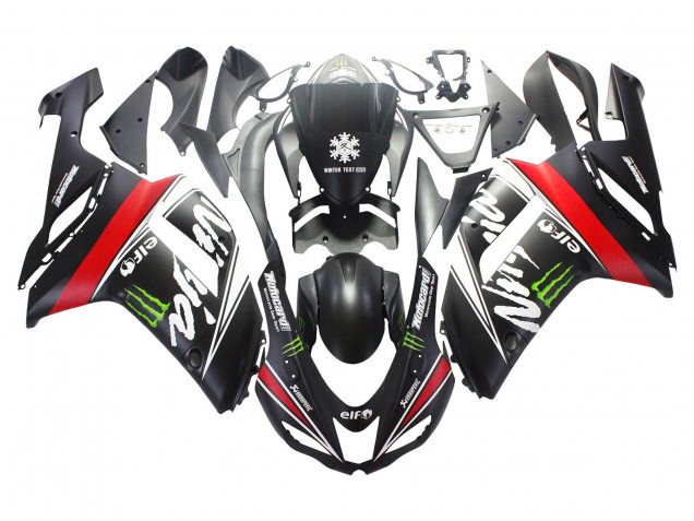 2007-2008 Black White Red with White Snow Decal Ninja Elf Kawasaki ZX6R Motorcycle Fairings