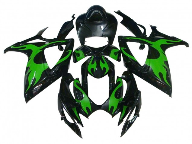2004-2005 Glossy Black Green Flame Suzuki GSXR 600 / GSXR 750 Motorcycle Fairings