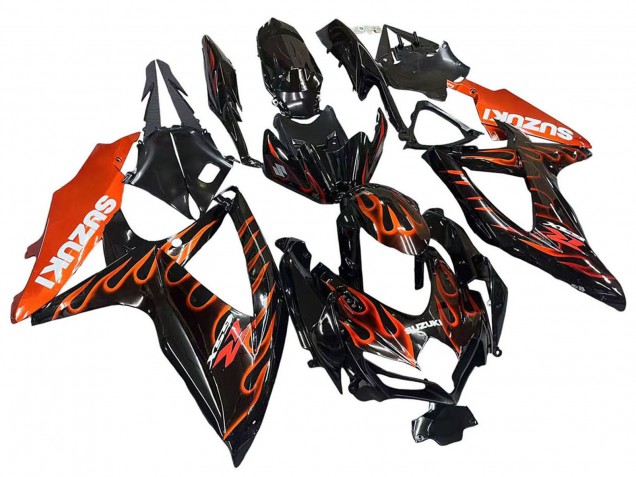 2008-2010 Glossy Black Orange Flame Suzuki GSXR 600 / GSXR 750 Motorcycle Fairings