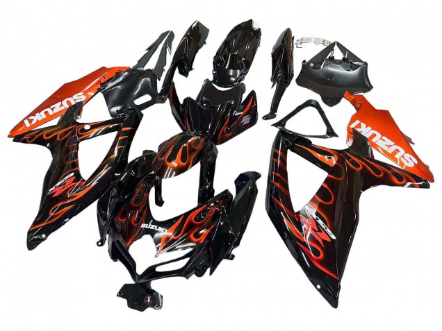 2008-2010 Glossy Black Orange Flame Suzuki GSXR 600 / GSXR 750 Motorcycle Fairings