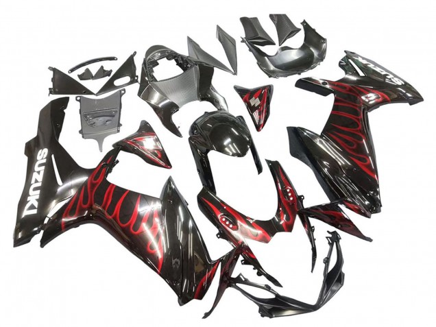 2011-2024 Glossy Black Red Flame Suzuki GSXR 600 / GSXR 750 Motorcycle Fairings